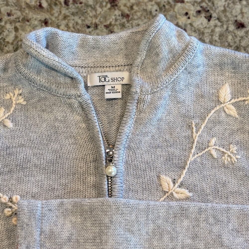 Cottagecore Floral Embroidered Cardigan Gray Pearl Zip Grannycore Fairycore M